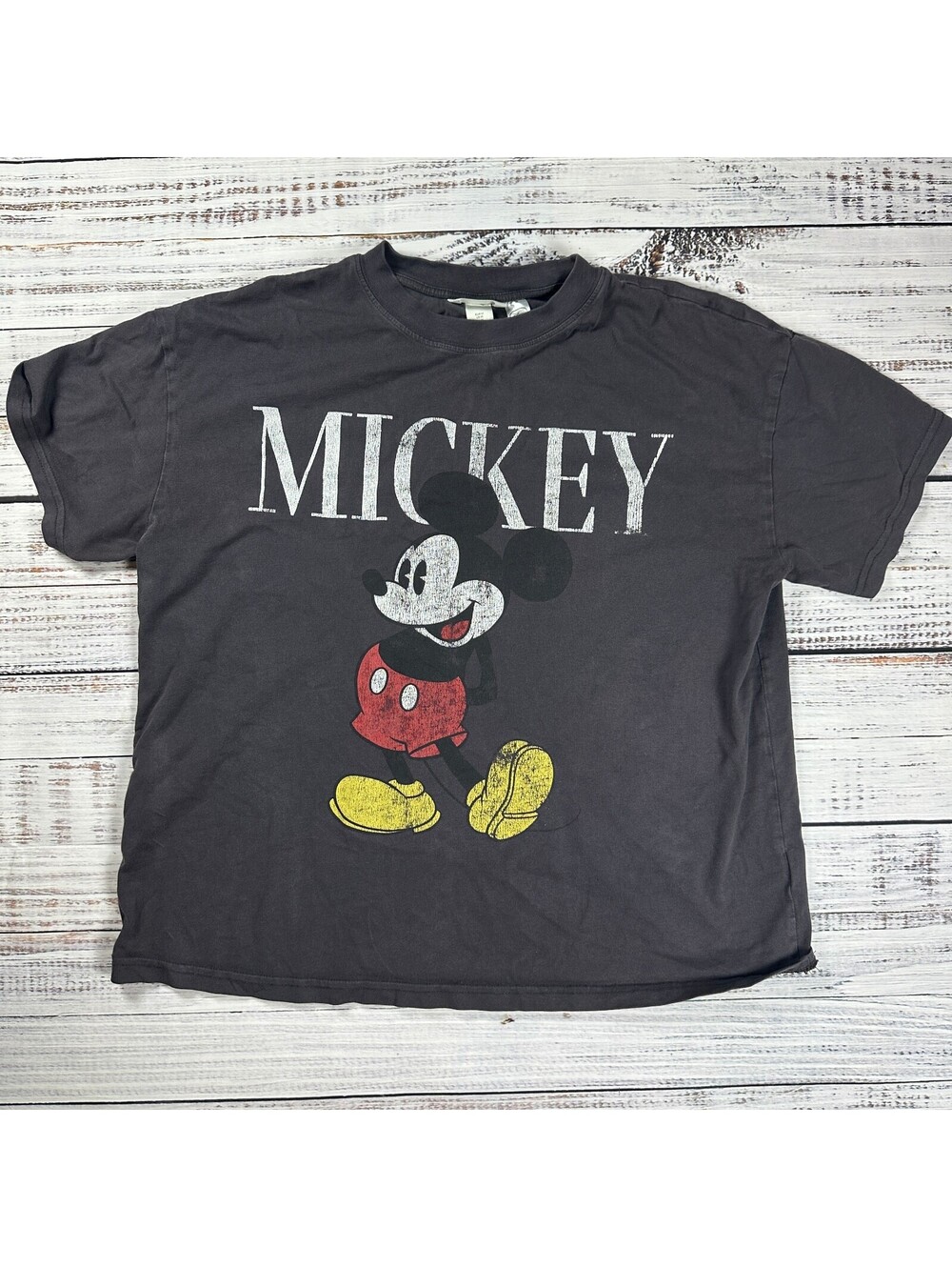 HM Disney Mickey Mouse Graphic Tee Distressed 100% Cotton Faded Black Size M